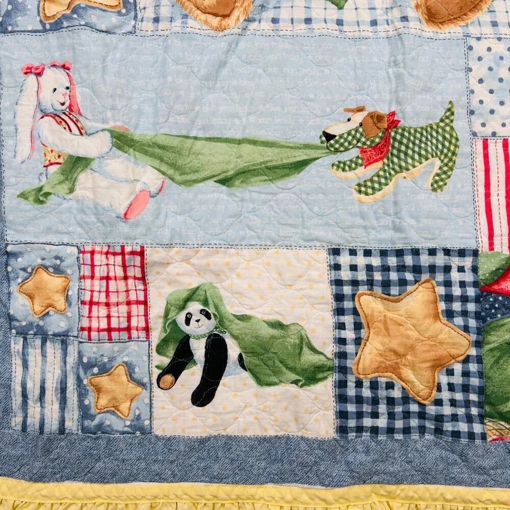 Vtg Blue Jean Teddy Bear Collection Baby Quilt Bedroom Collectible